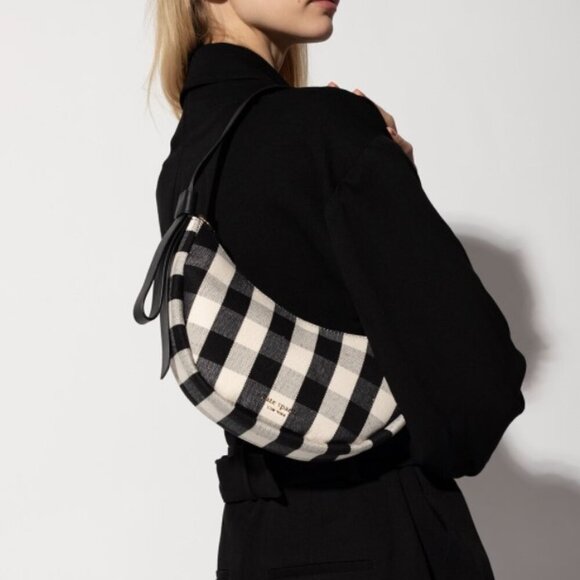 Kate Spade Smile Shoulder Bag Black Gingham Small Leather Fabric Zip Top White - Picture 9 of 9